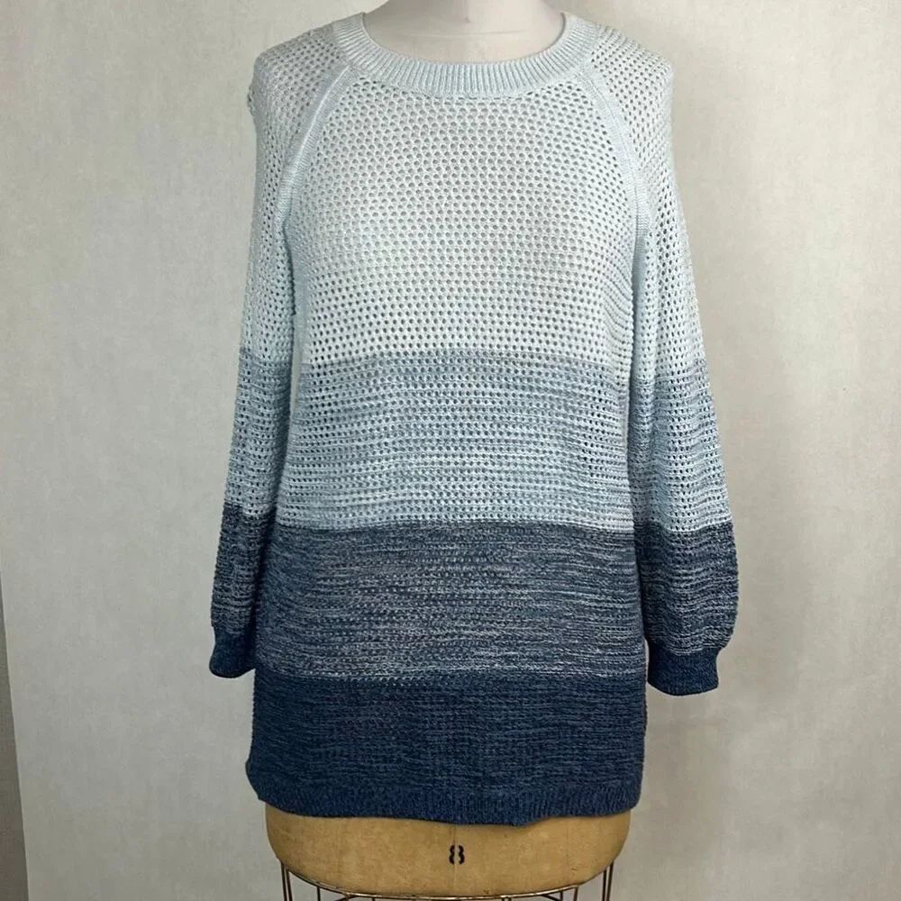 Tribal Blue Stripe Ombre Sweater Womens Sz Large Open Knit